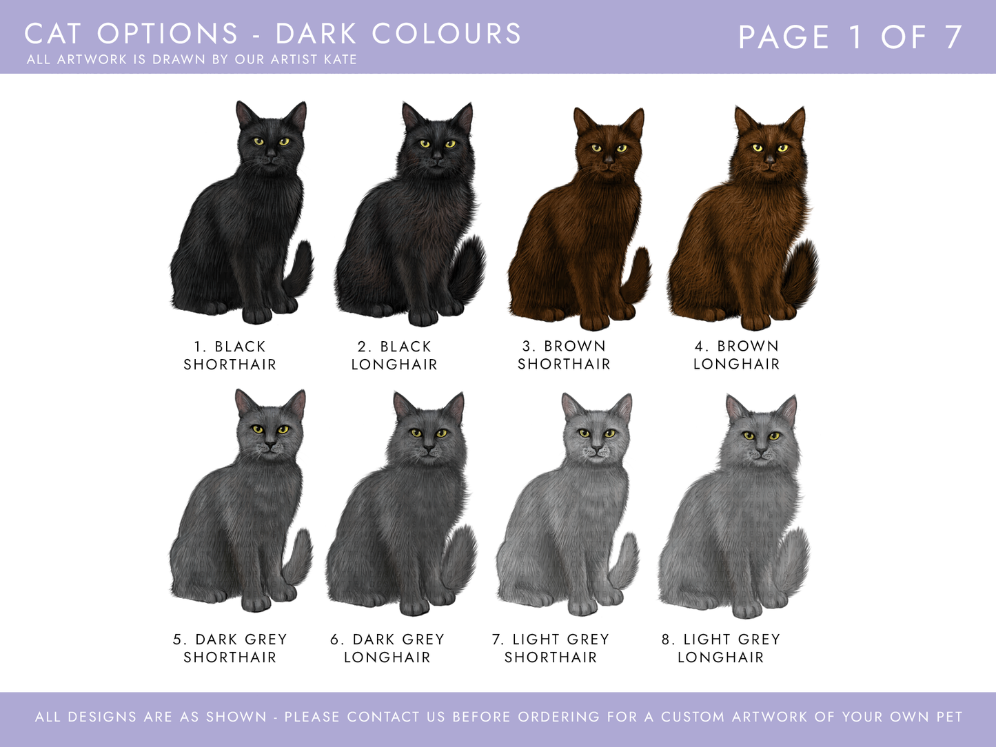 cat options including black cats, brown cats and grey cats