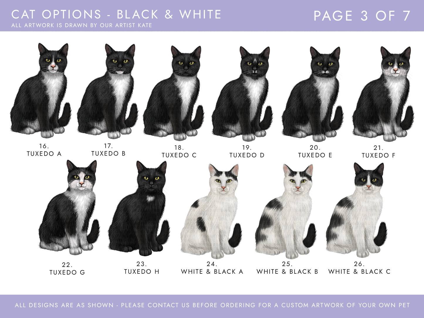 cat options including tuxedo and black and white cats