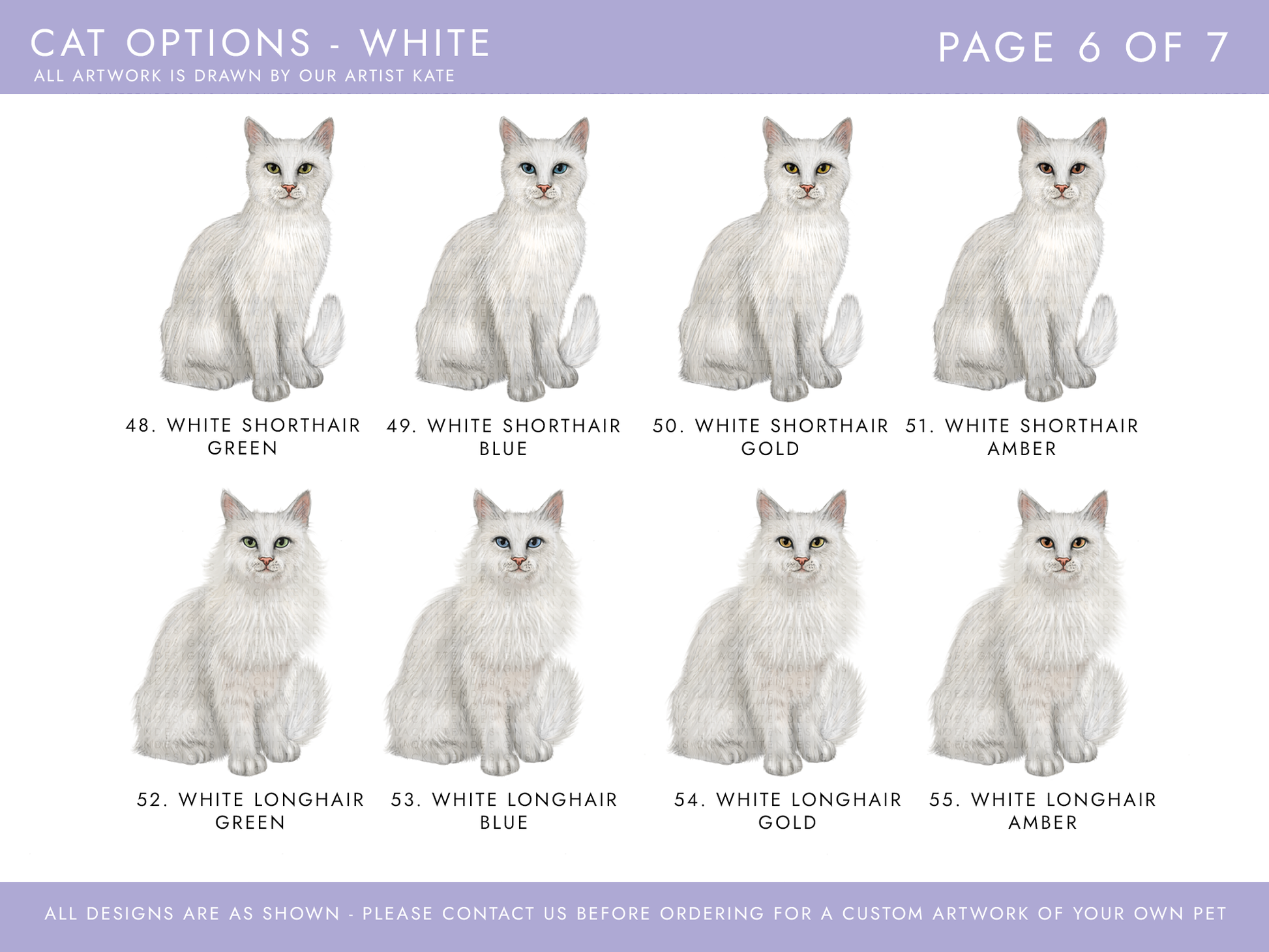 cat options including white cats, shorthair and longhair, with green eyes, blue eyes, gold eyes or amber eyes
