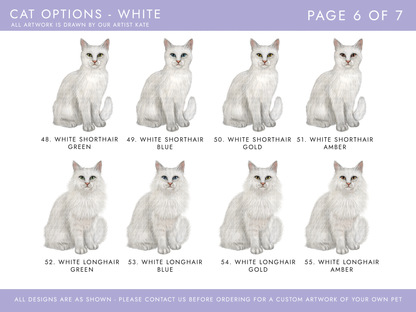 cat options including white cats, shorthair and longhair, with green eyes, blue eyes, gold eyes or amber eyes