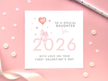 A personalised 1st Valentine's Day Card for a baby girl. The card reads to a special Daughter. The card is for Valentine's Day 2026.
