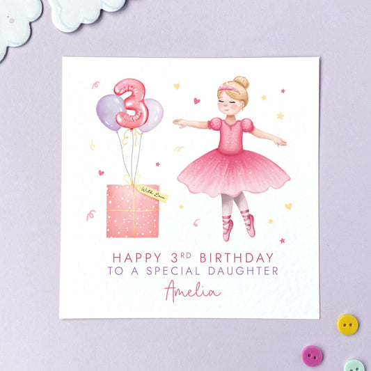 A personalised Ballerina 3rd Birthday Card for Girl. The card in the photo is a 3rd Birthday Card for Daughter.