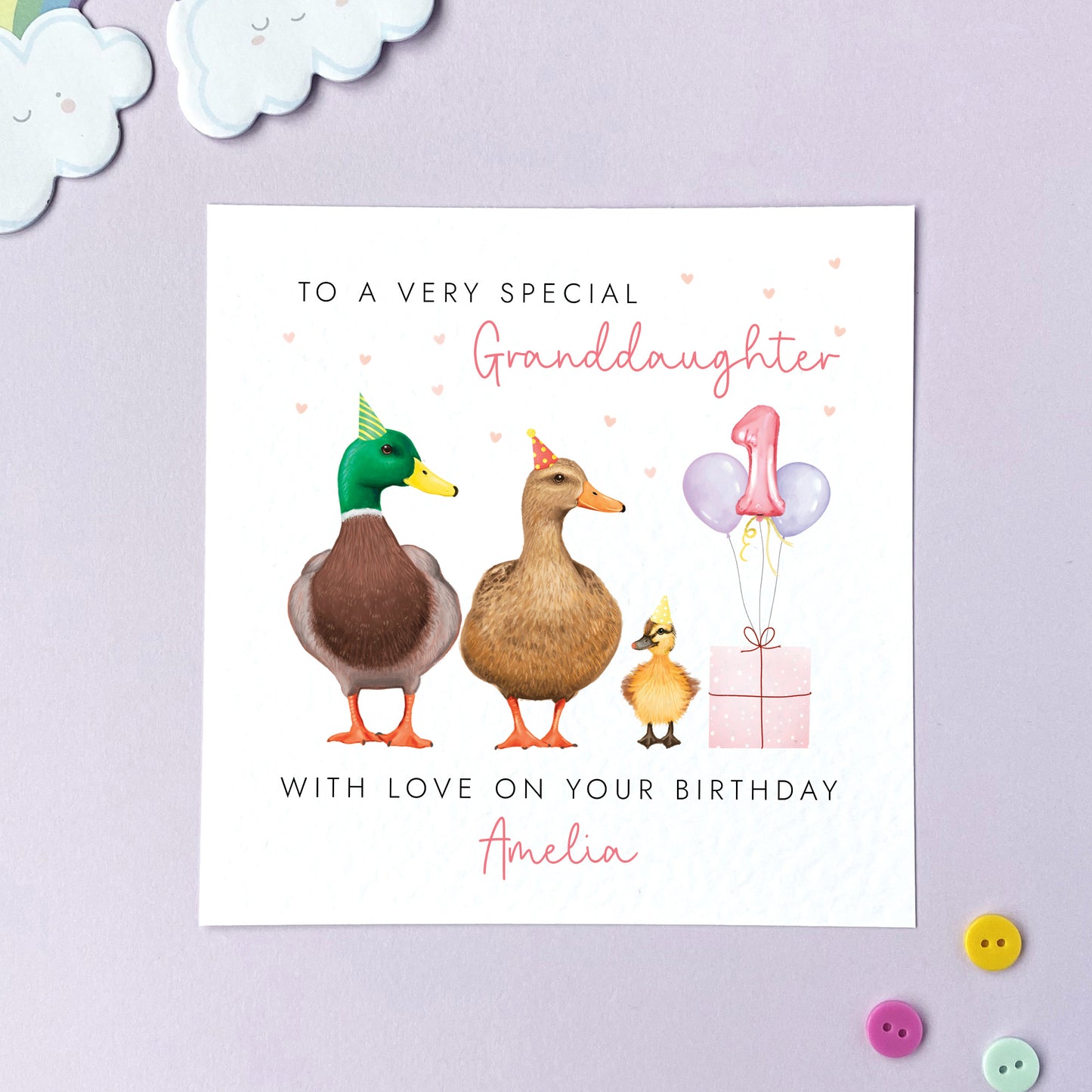 A cute personalised birthday card for Granddaughter featuring a pair of mallard ducks with their baby duckling. It's suitable for any age, including 1st, 2nd, 3rd, 4th, 5th, 6th, 7th, 8th, 9th and 10th. The relation can be changed to any female family member, like Daughter, Niece, and Goddaughter. The card in the photo is for 1st birthday.