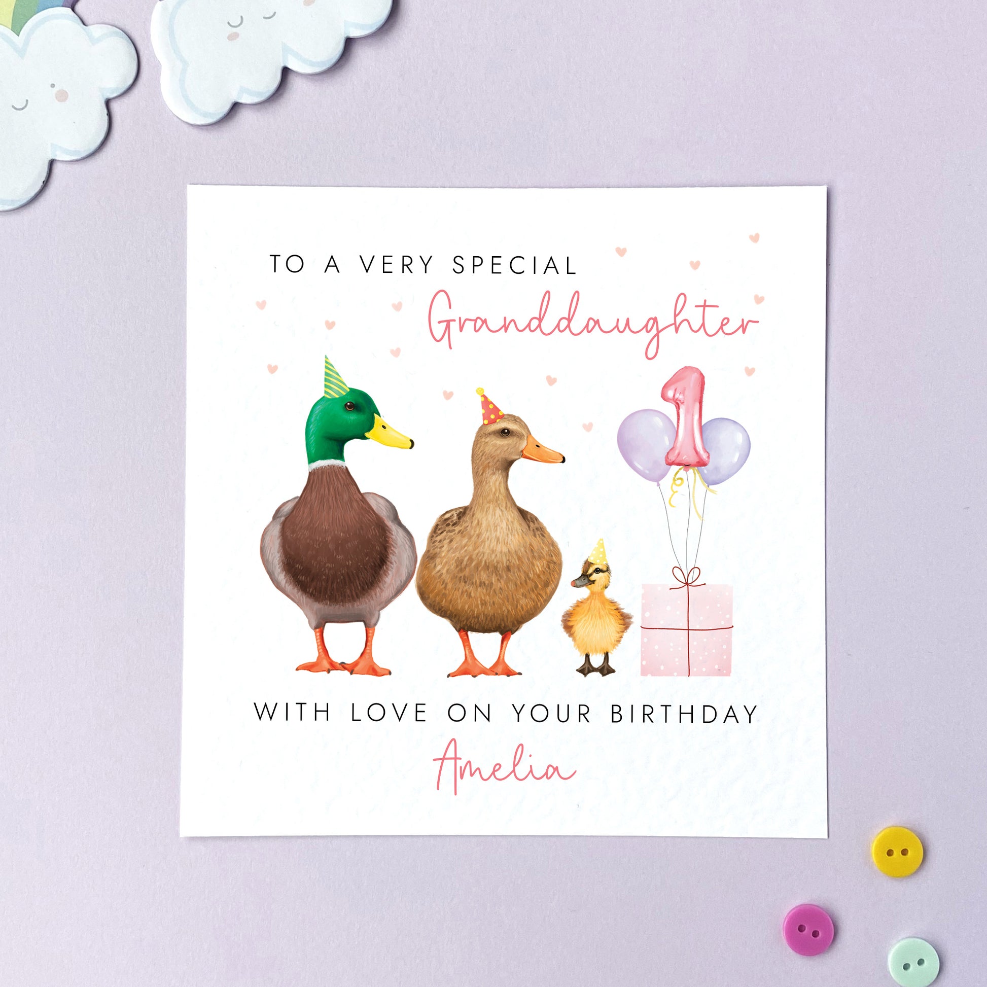 A cute personalised birthday card for Granddaughter featuring a pair of mallard ducks with their baby duckling. It's suitable for any age, including 1st, 2nd, 3rd, 4th, 5th, 6th, 7th, 8th, 9th and 10th. The relation can be changed to any female family member, like Daughter, Niece, and Goddaughter. The card in the photo is for 1st birthday.