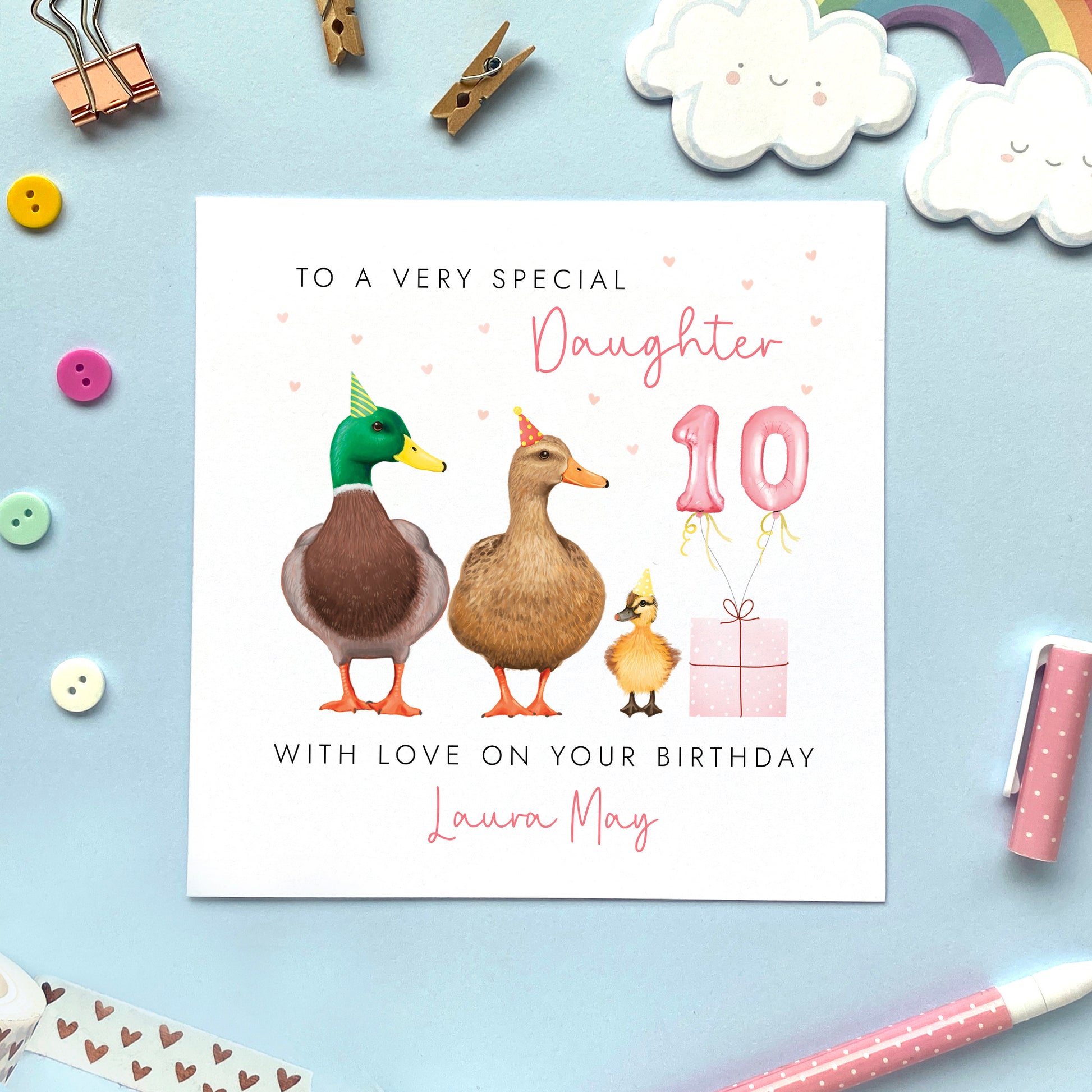 A cute personalised birthday card for Daughter featuring a pair of mallard ducks with their baby duckling. It's suitable for any age, including 1st, 2nd, 3rd, 4th, 5th, 6th, 7th, 8th, 9th and 10th. The relation can be changed to any female family member, like Granddaughter, Niece, and Goddaughter. The card in the photo is for 10th birthday.