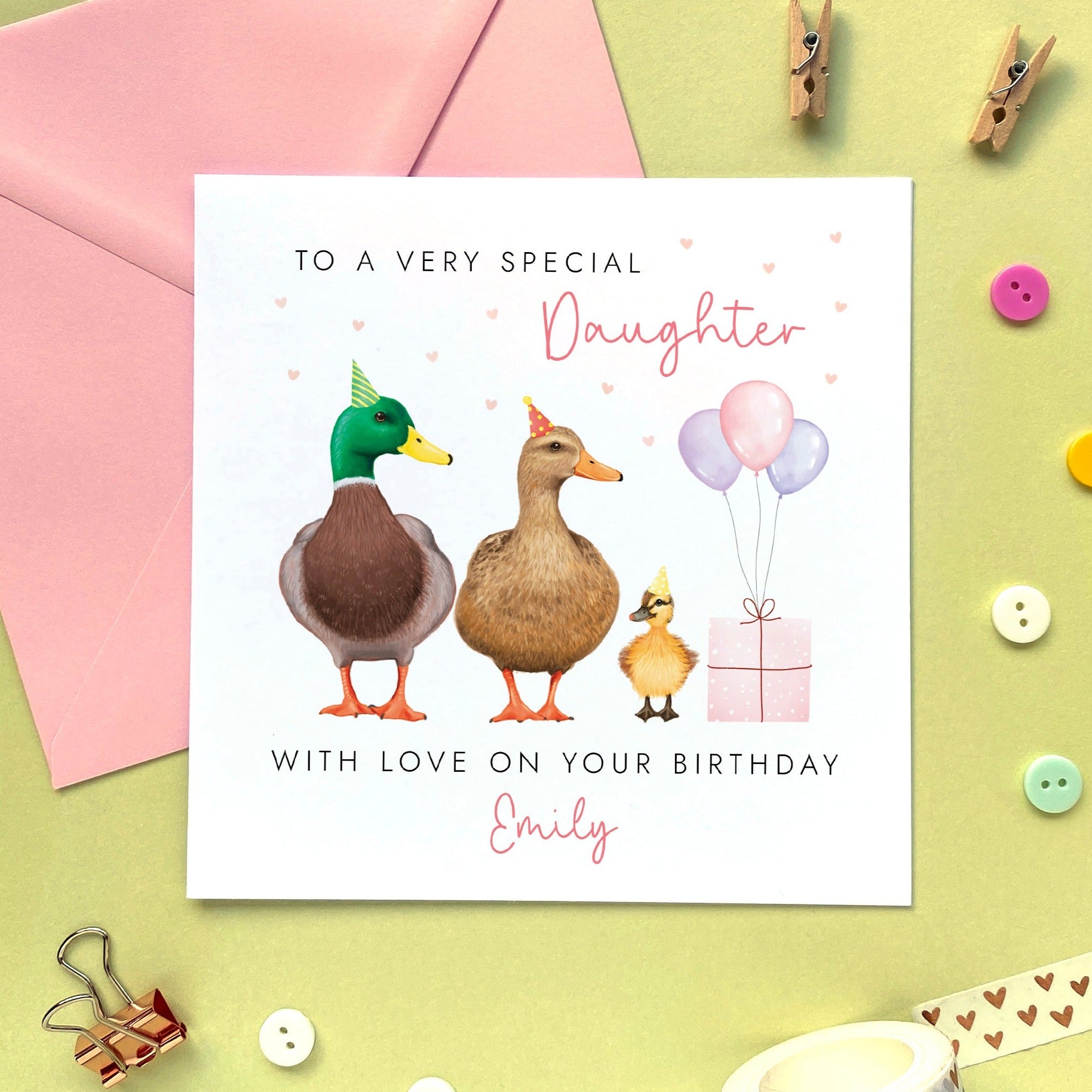 A cute personalised birthday card for Daughter featuring a pair of mallard ducks with their baby duckling. It's suitable for any age, including 1st, 2nd, 3rd, 4th, 5th, 6th, 7th, 8th, 9th and 10th. The relation can be changed to any female family member, like Granddaughter, Niece, and Goddaughter.