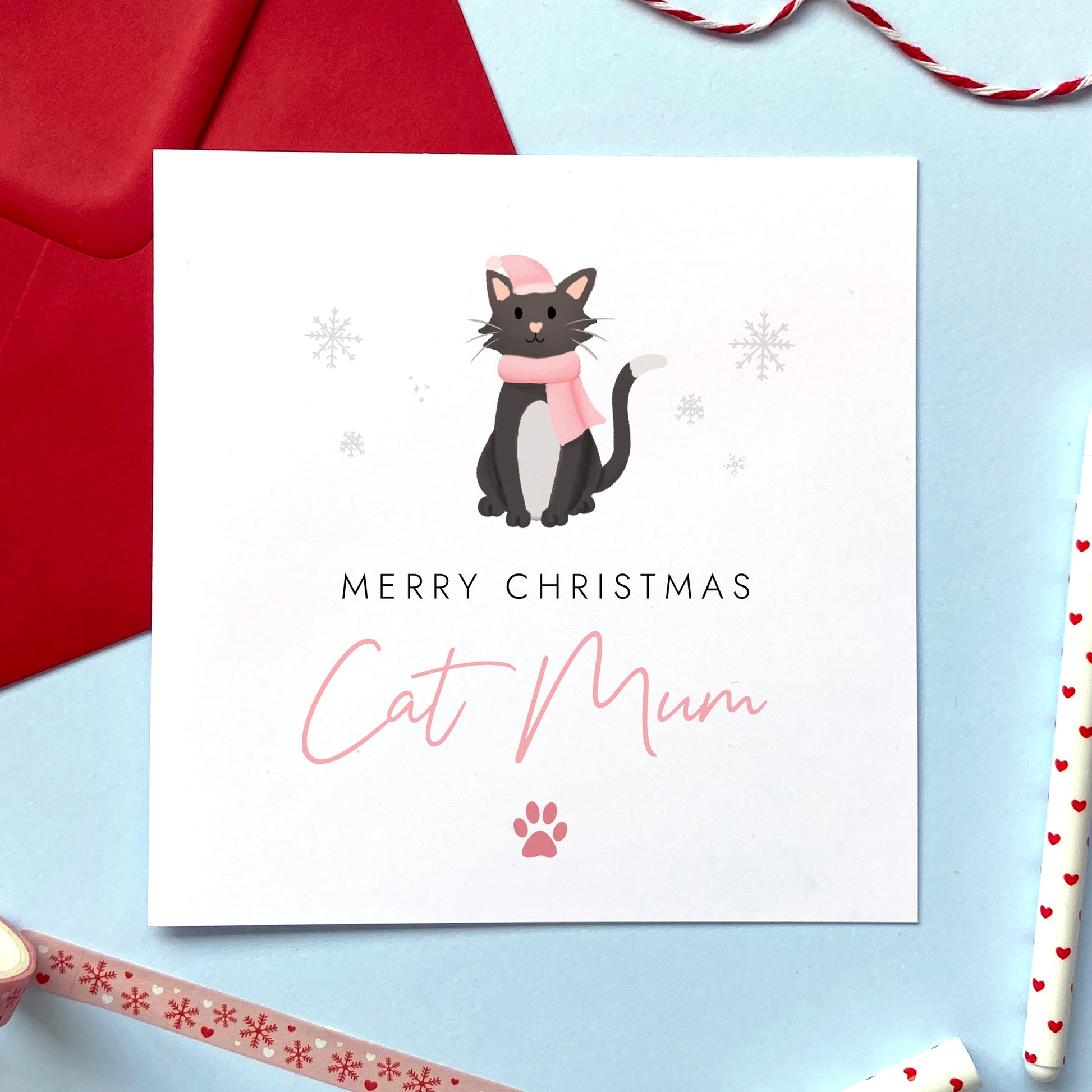 A personalised Christmas card for Cat Mum featuring a black and white tuxedo cat. It can be personalised by changing the relation and the cat. It's designed as a special Christmas card from the cat.