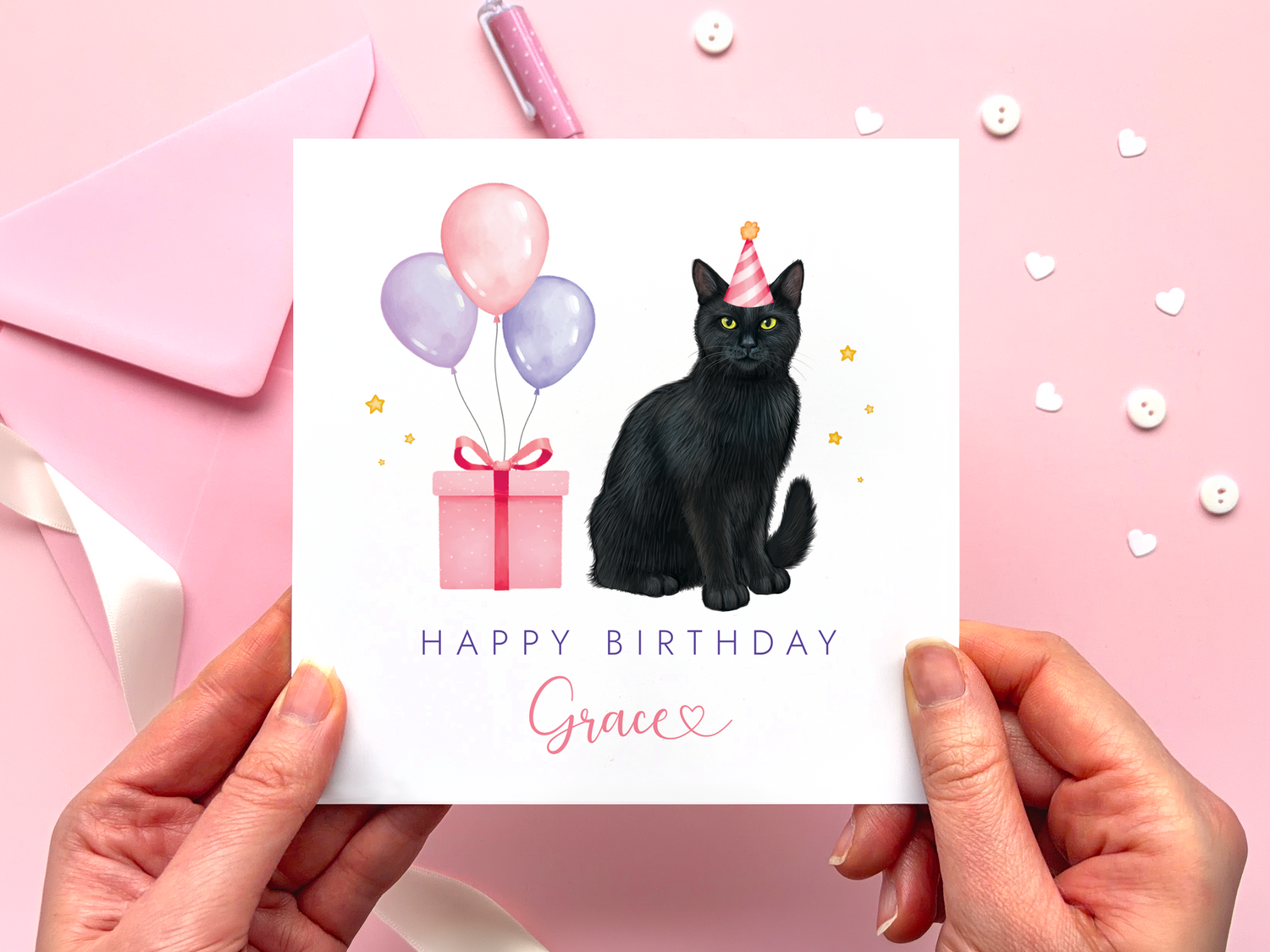 Personalised Black Cat Birthday Card for Her