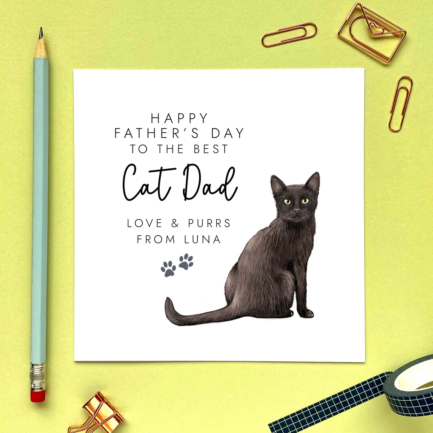 Personalised Black Cat Fathers Day Card for Cat Dad, From the Cat