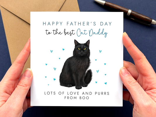 Personalised Black Cat Father's Day Card for Cat Dad, From the Cat Fathers Day Card featuring a longhaired black cat
