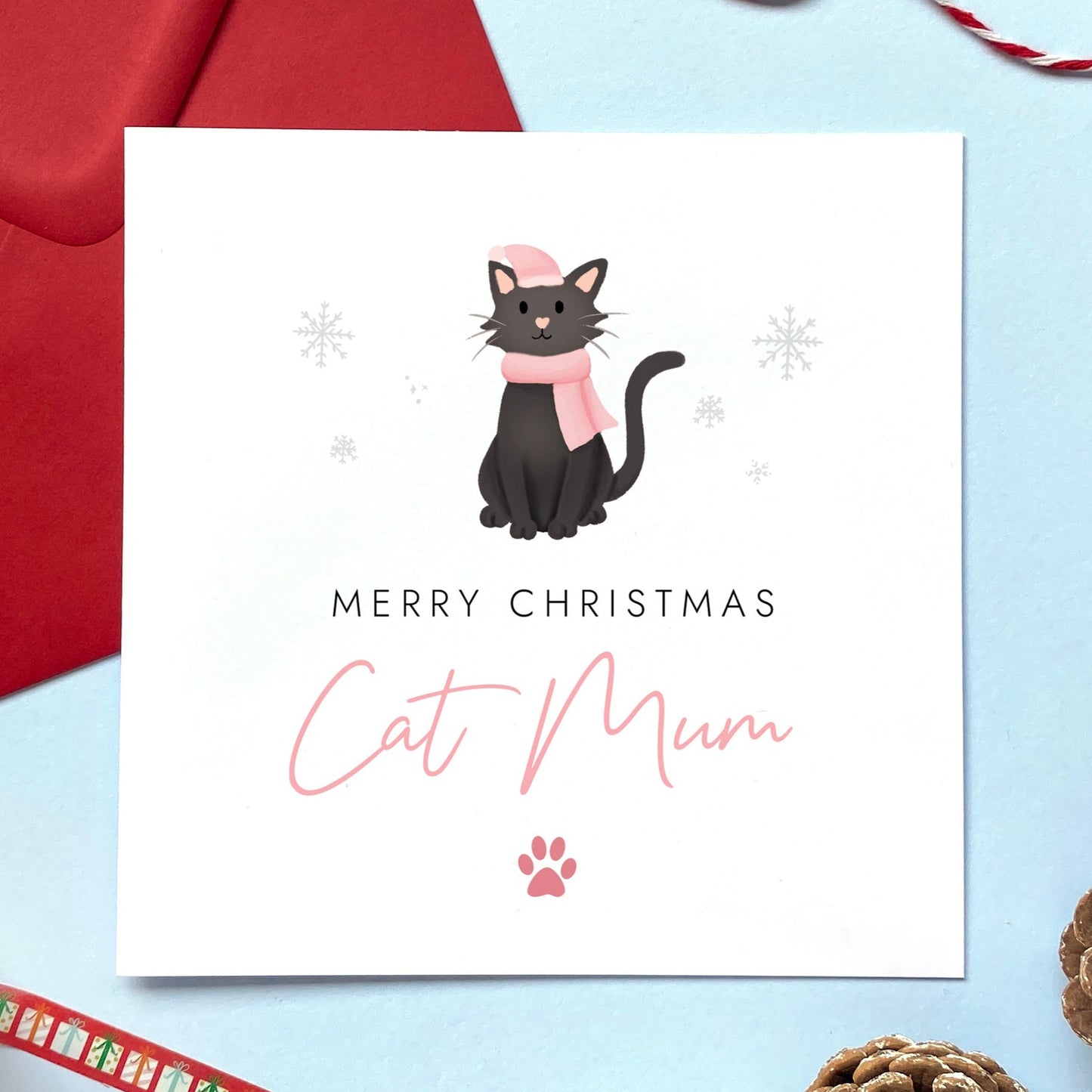 A personalised Christmas card for Cat Mum featuring a black cat. It can be personalised by changing the relation and the cat. It's designed as a special Christmas card from the cat.