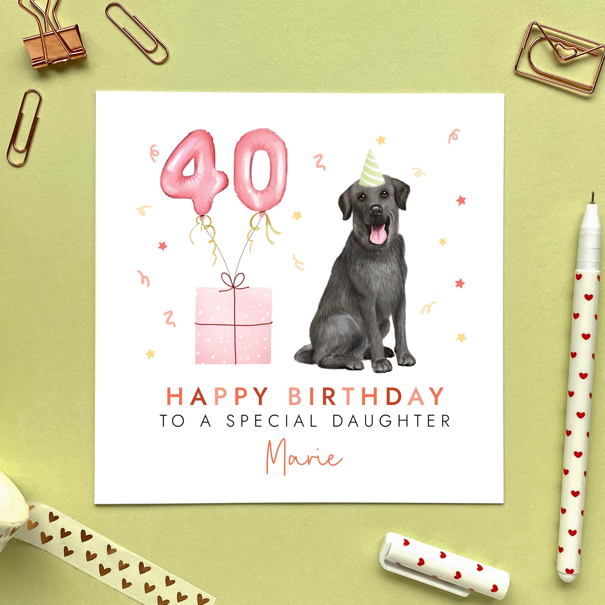 A personalised black labrador dog birthday card for her. It can be personalised with any name and number. The card in the photo is a 40th birthday card for Daughter.
