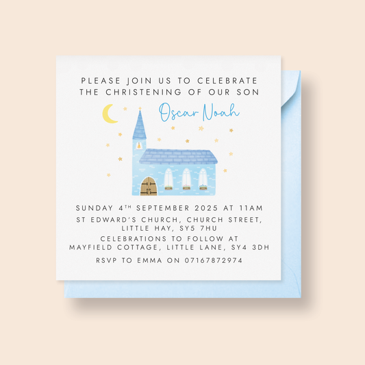 Personalised Christening Invitations for Boys – Blue Church Design