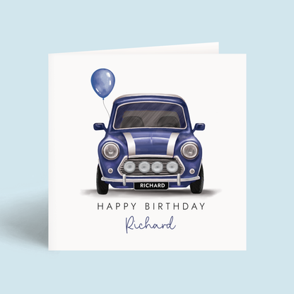 Personalised Classic Car Birthday Card, featuring a blue vintage car inspired by a classic Mini.