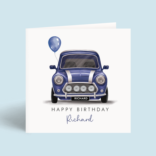 Personalised Classic Car Birthday Card, featuring a blue vintage car inspired by a classic Mini.
