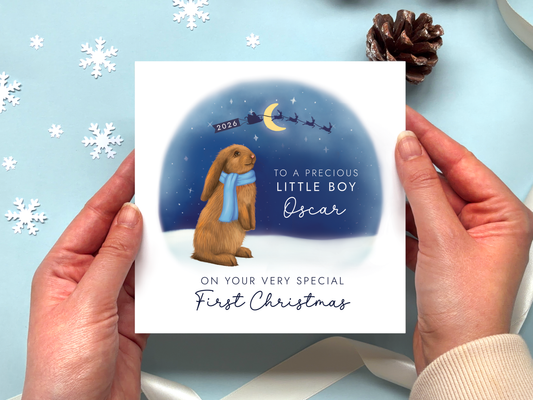 Personalised Bunny 1st Christmas Card for Baby Boy