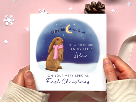 Personalised Bunny 1st Christmas Card for Baby Girl