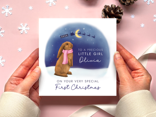 Personalised Bunny 1st Christmas Card for Baby Girl