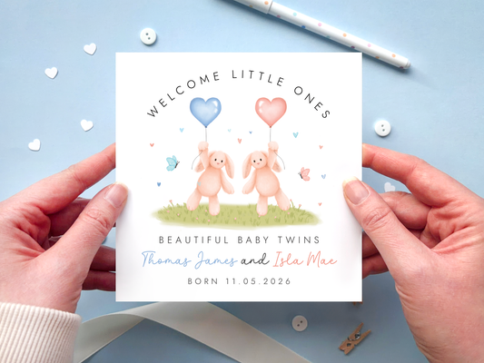 Personalised Bunny New Baby Card for Boy and Girl Twins, Welcome Little One, Beautiful Baby Twins, Add Name and Date of Birth, Twin New Baby Card
