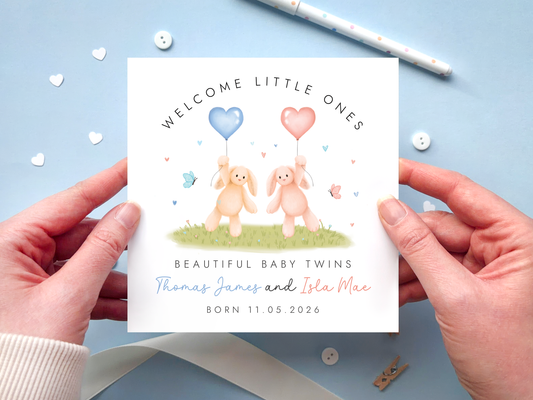 Personalised Bunny New Baby Card for Boy and Girl Twins, Welcome Little Ones, Beautiful Baby Twins, Add Name and Date of Birth, Twin New Baby Card