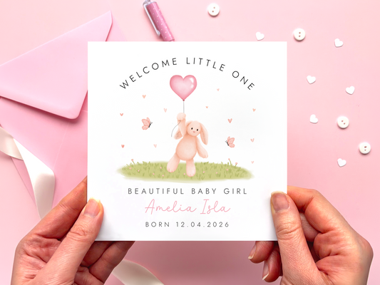 Personalised Pink Bunny New Baby Card for Girl, Welcome Little One, Beautiful Baby Girl, Add Name and Date of Birth