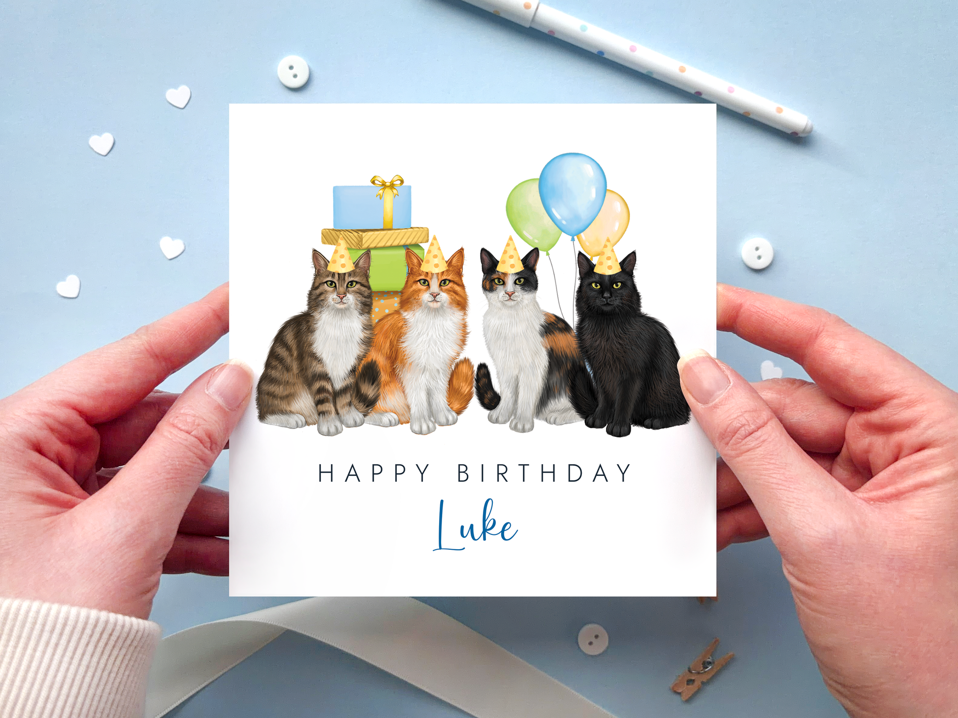 personalised birthday card with 4 cats