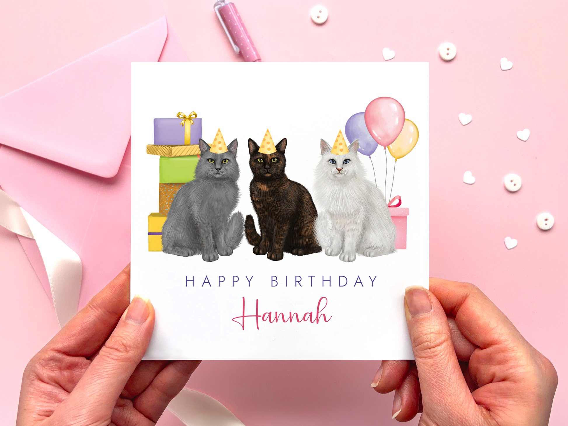 personalised birthday card for her with 3 cats