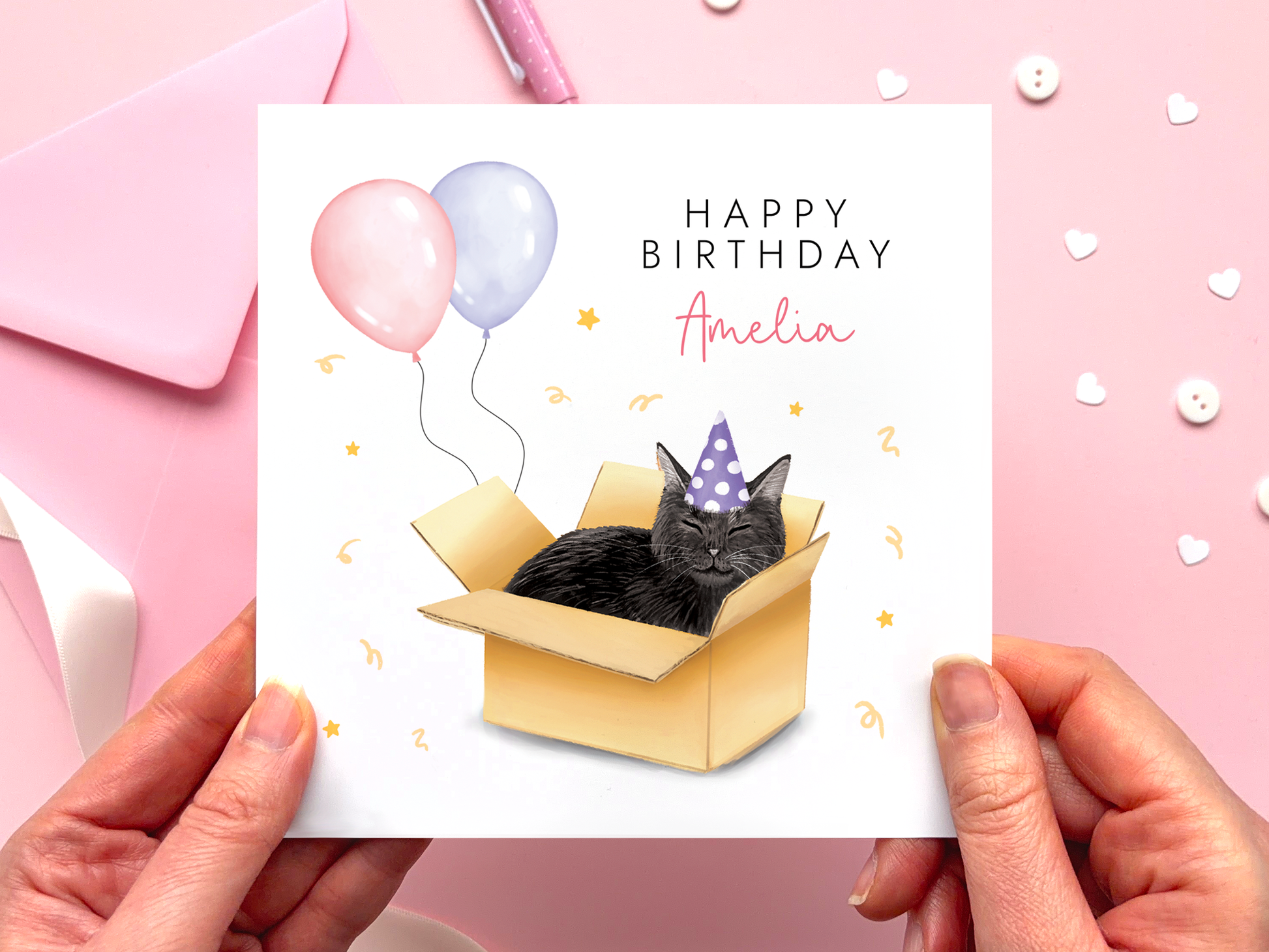 Personalised Black Cat in Box Birthday Card