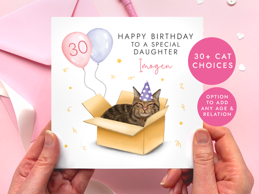 Personalised Cat in Box Birthday Card