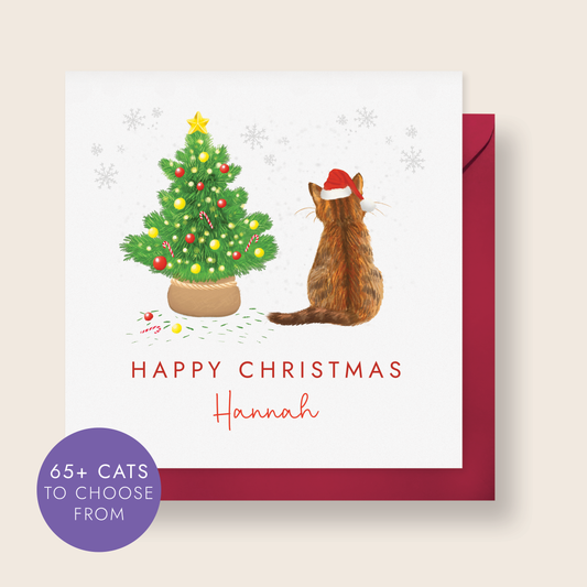 Personalised Cat Christmas card with a brown tabby cat and Christmas tree design on a beige background