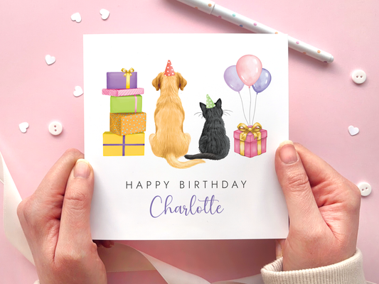 Personalised Cat and Dog Birthday Card for Her