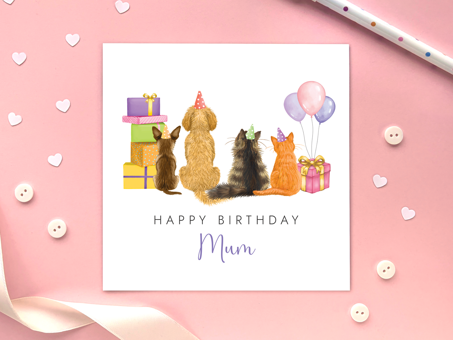 Personalised Cat and Dog Birthday Card for Her