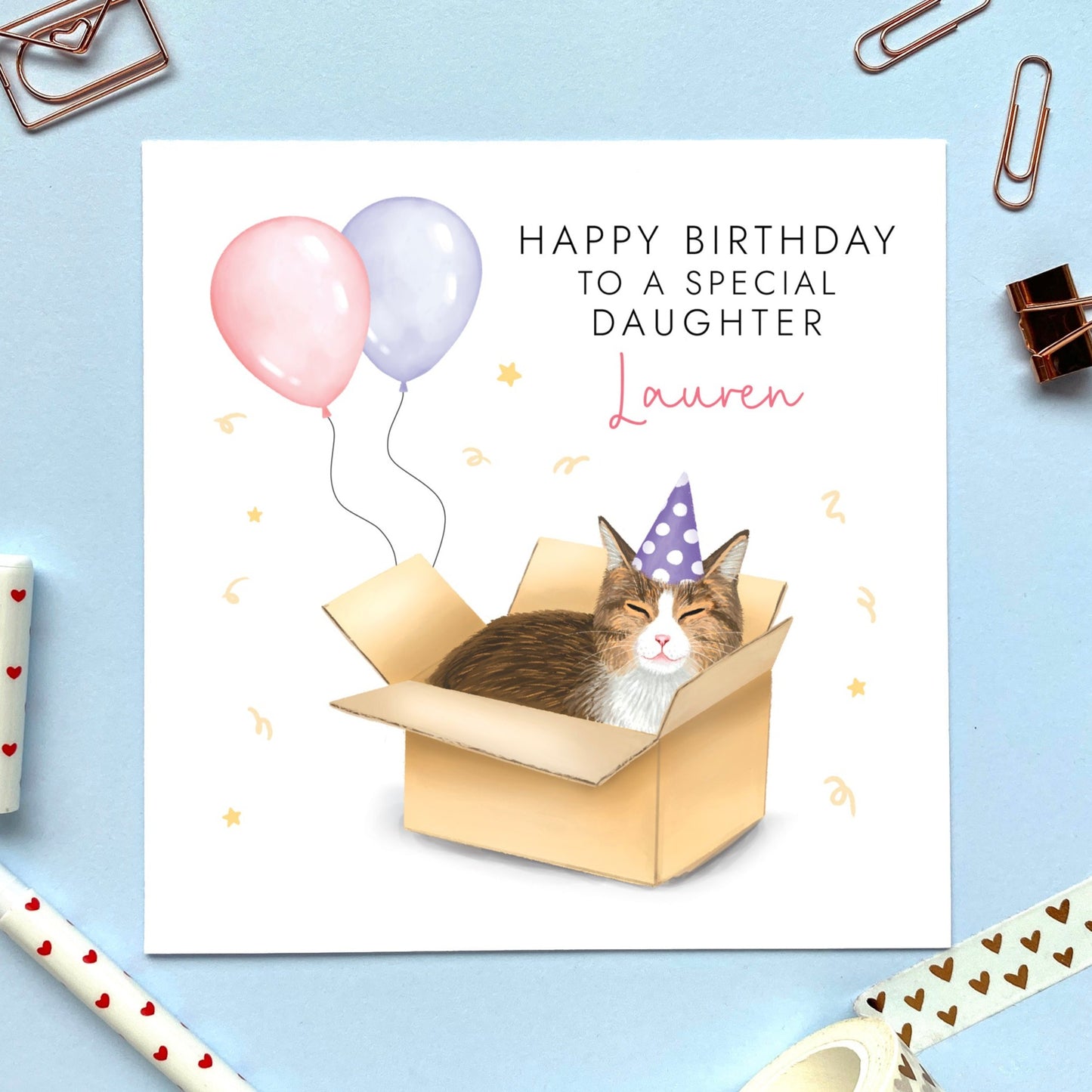 personalised tabby cat birthday card - for her, daughter, granddaughter, niece, children, adult, female, wife, girlfriend, partner, fiancee, auntie, aunty, aunt - any age birthday card - 13th, 16th, 18th, 21st, 30th, 40th, 50th, 60th - teenager, teenage girl, sixteen, eighteen, milestone - cat in a box card, funny birthday card, cute, brown and white tabby cat birthday card, 16th birthday card
