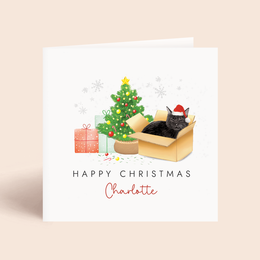 Personalised Black Cat in a Box Christmas Card