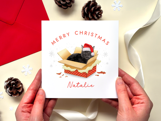 Personalised Black Cat in a Box Christmas Card