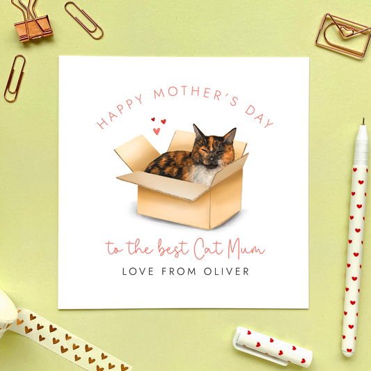 Personalised Tortoiseshell Cat Mother's Day Card for Cat Mum, Black White and Ginger Cat