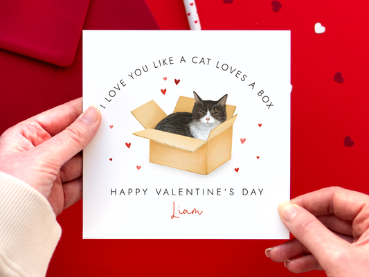 Personalised Tuxedo Cat in a Box Valentine's Day Card