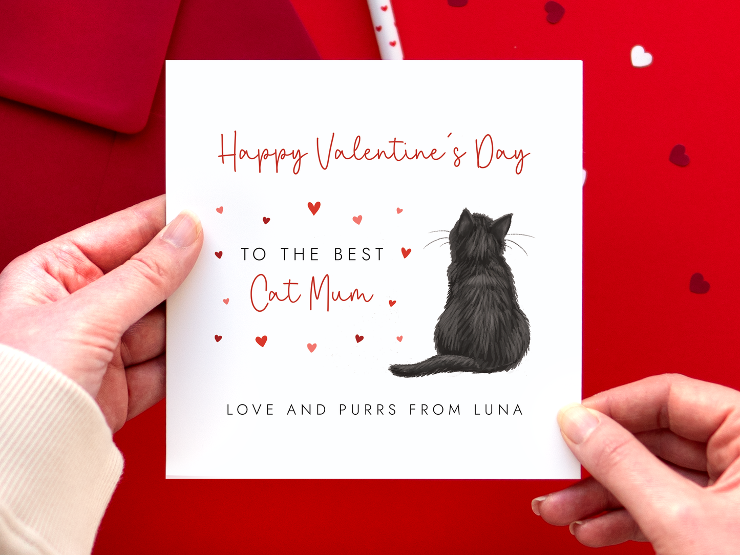 A personalised Cat Valentine's Day Card for the best Cat Mum. The cat's name can be added. The example photo has a black cat.