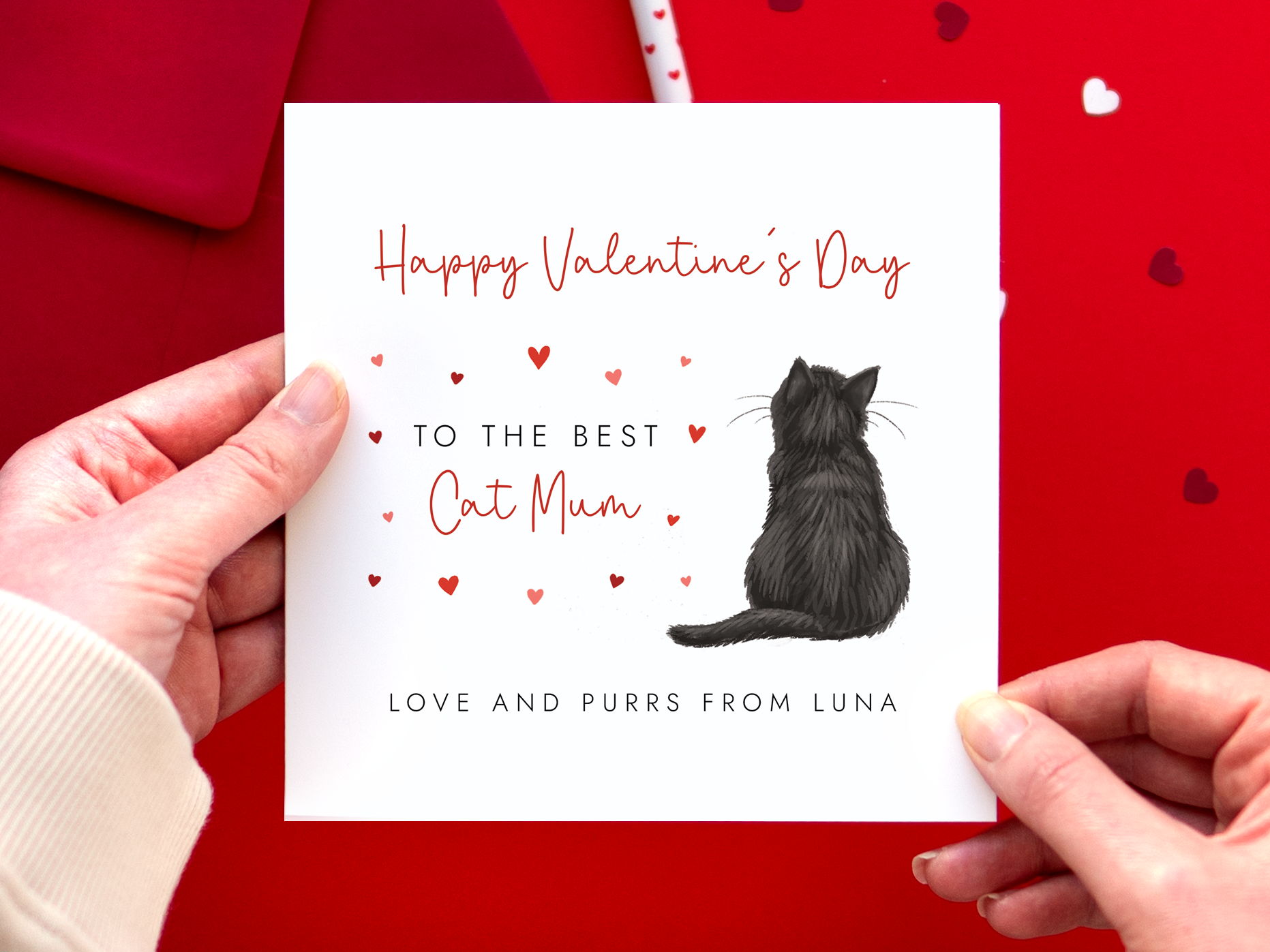 A personalised Cat Valentine's Day Card for the best Cat Mum. The cat's name can be added. The example photo has a black cat.