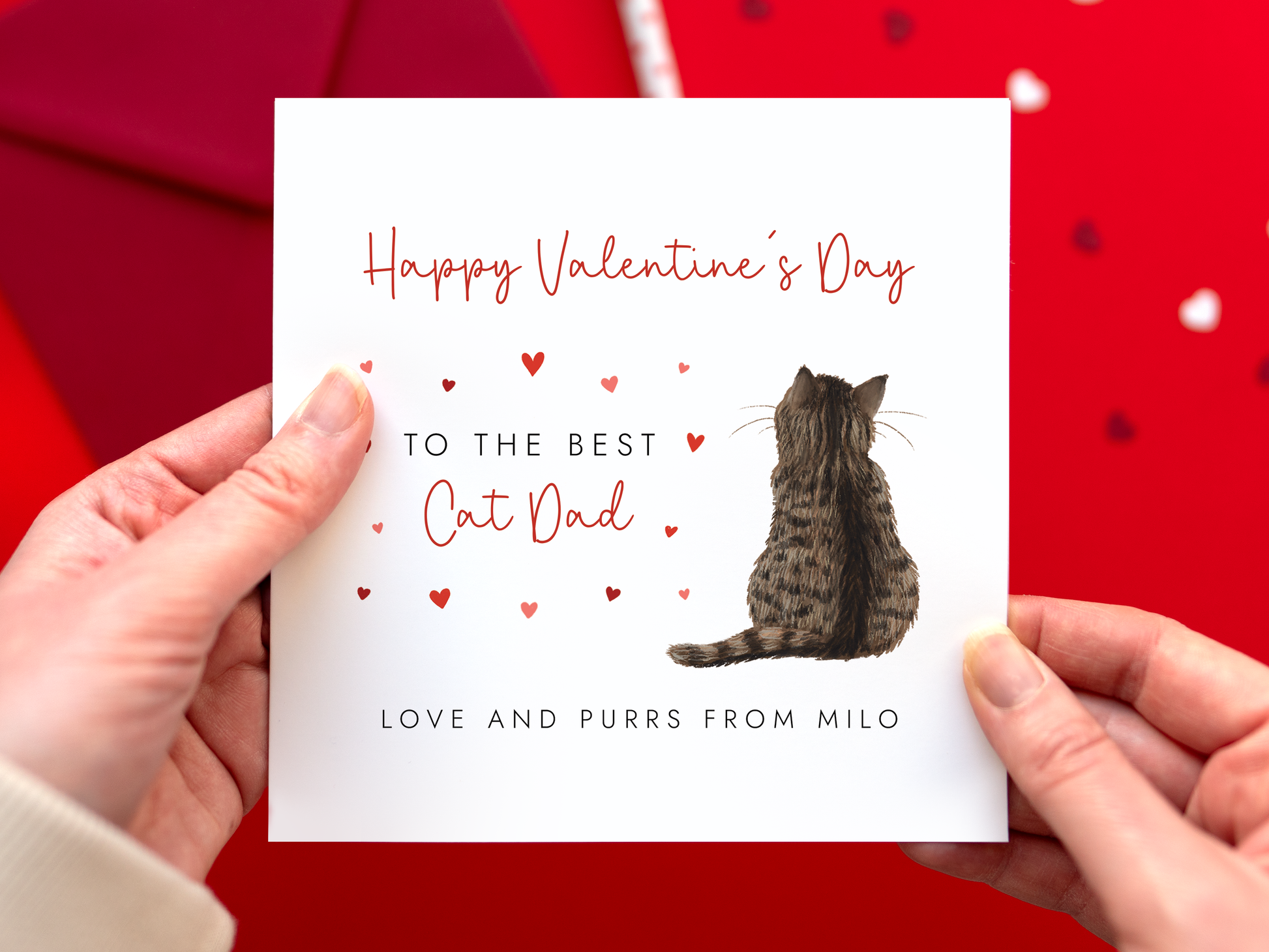 A personalised Cat Valentine's Day Card for the best Cat Dad. The cat's name can be added. The example photo has a brown tabby cat.
