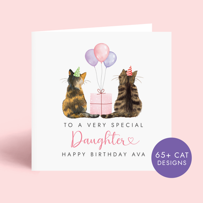 Personalised Birthday card for Daughter with two cats holding balloons and a gift, on a pink background.