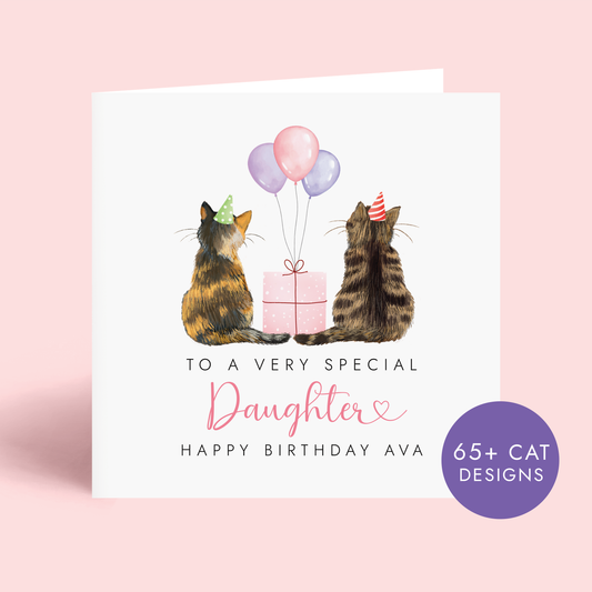 Personalised Birthday card for Daughter with two cats holding balloons and a gift, on a pink background.