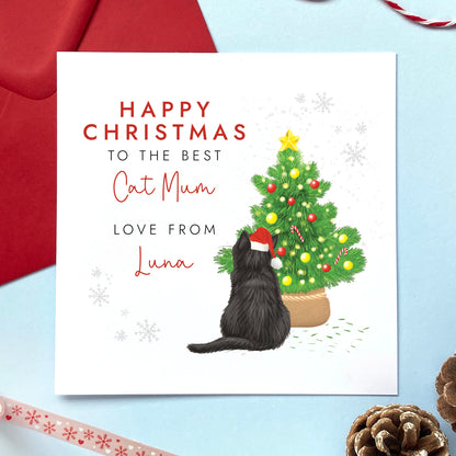 A personalised from the cat christmas card for cat mum. It can be personalised by choosing the cat on the card and the cat's name. The card in the photo is a black cat christmas card.