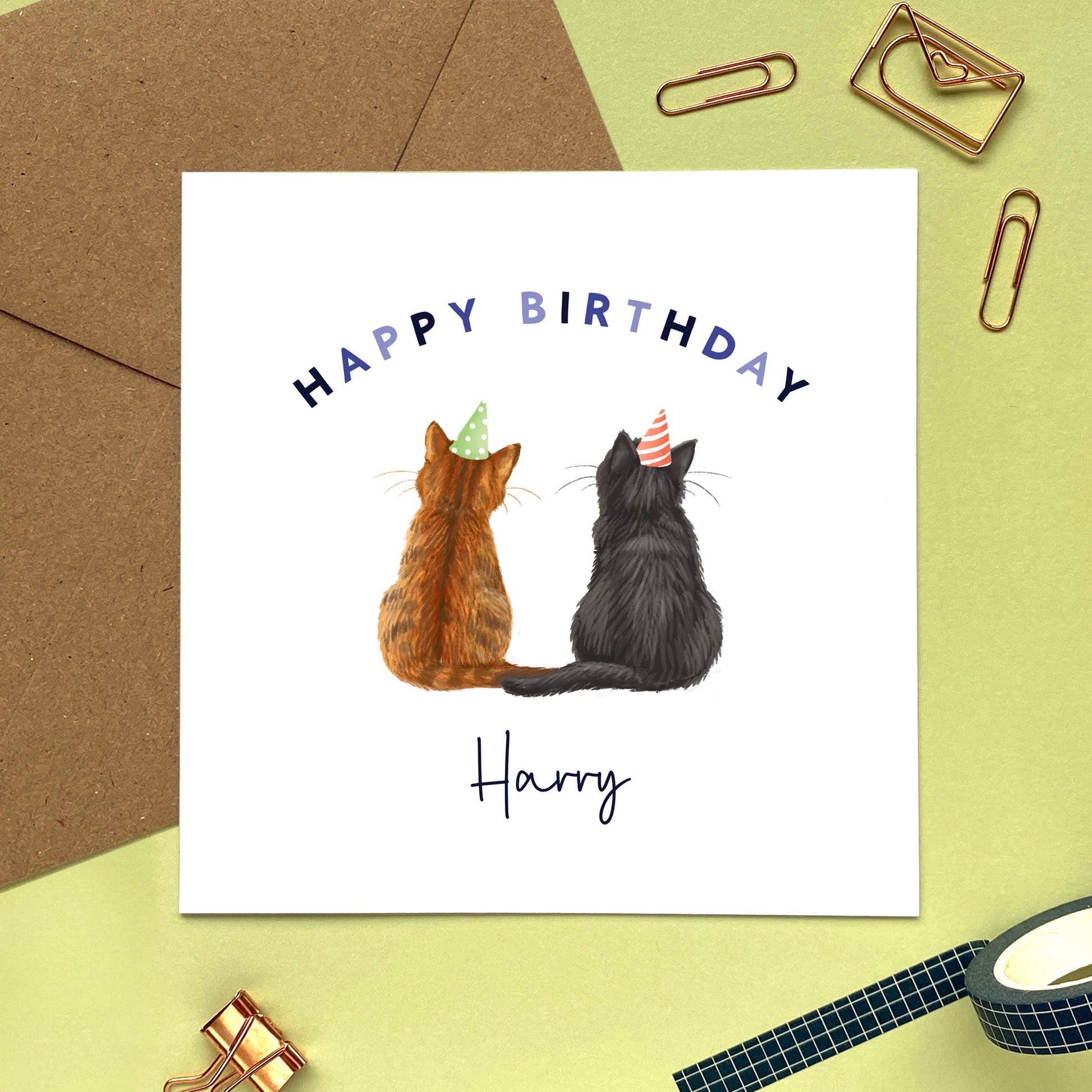 A personalised cats birthday card for him where you can choose the two cats on the card. You can choose from a range of different cat breeds and colours, including ginger, black, tabby, ragdoll, grey and bengal cats. It can be personalised with a name.