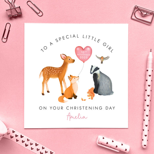 Personalised Woodland Animals Christening Card for Girl