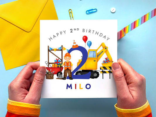 Personalised Construction 2nd Birthday Card