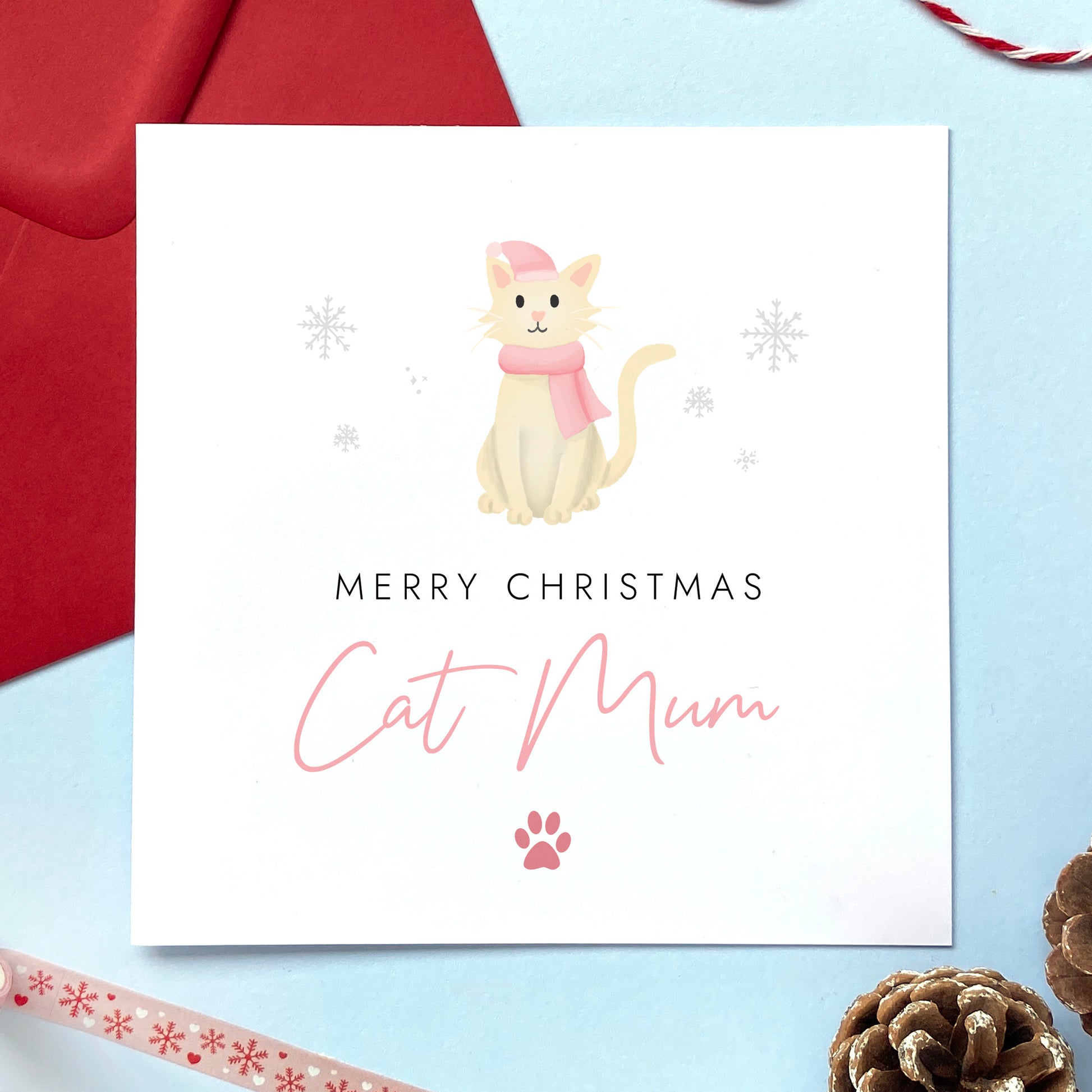 A personalised Christmas card for Cat Mum featuring a cream cat. It can be personalised by changing the relation and the cat. It's designed as a special Christmas card from the cat.