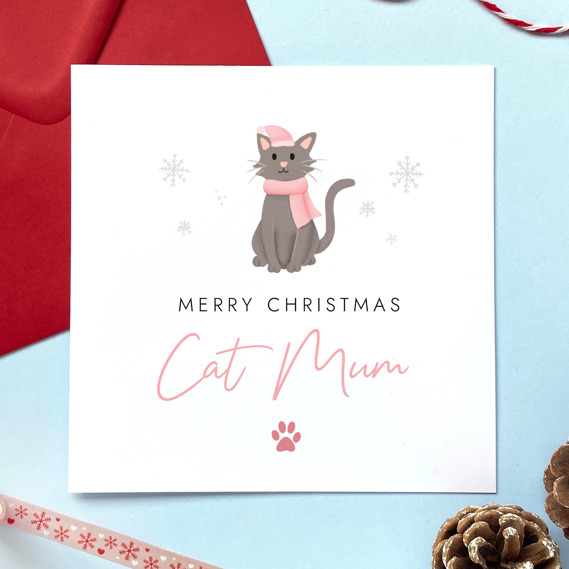 A personalised Christmas card for Cat Mum featuring a dark grey cat. It can be personalised by changing the relation and the cat. It's designed as a special Christmas card from the cat.