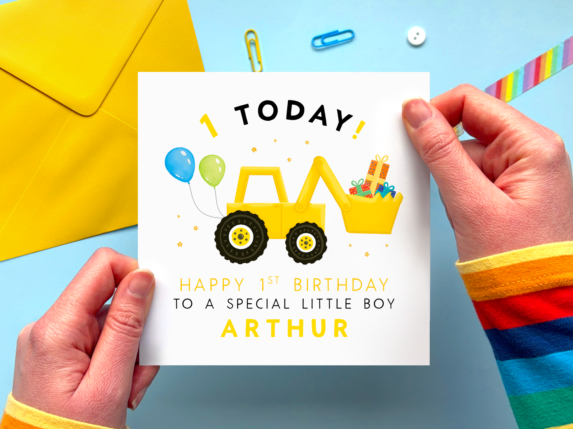 Personalised Yellow Digger 1st Birthday Card for special Little Boy