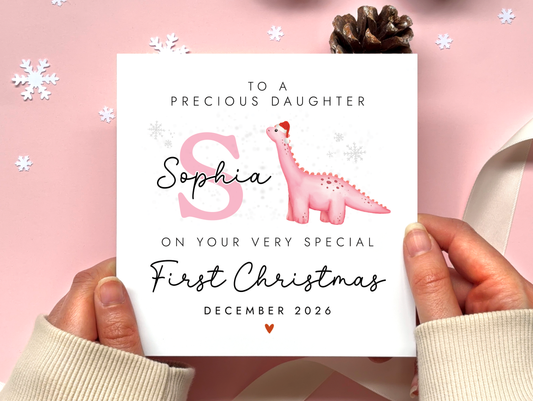 Personalised Dinosaur 1st Christmas Card for Girl